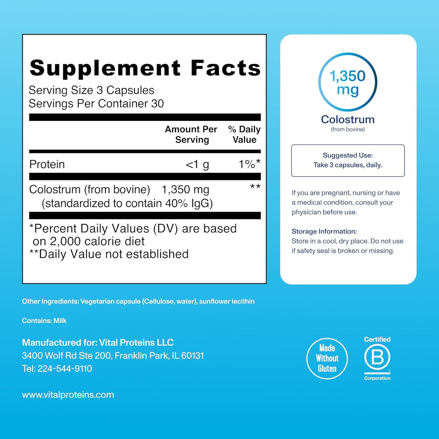 Vital Proteins Bovine Colostrum Supplement 90 Capsules for Gut Health, Immune Support with 40% IgG Premium Bovine Colostrum Superfood, Unflavored, 30 Servings