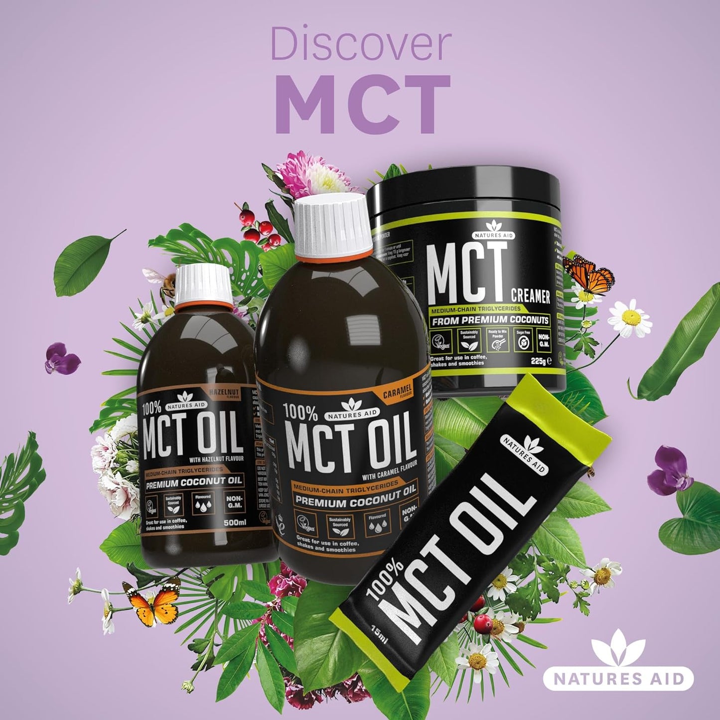زيت MCT بنسبة 100% من Natures Aid، زيت جوز الهند الفاخر، من مصدر مستدام، يُضاف إلى القهوة أو المخفوقات، نباتي، 500 مل