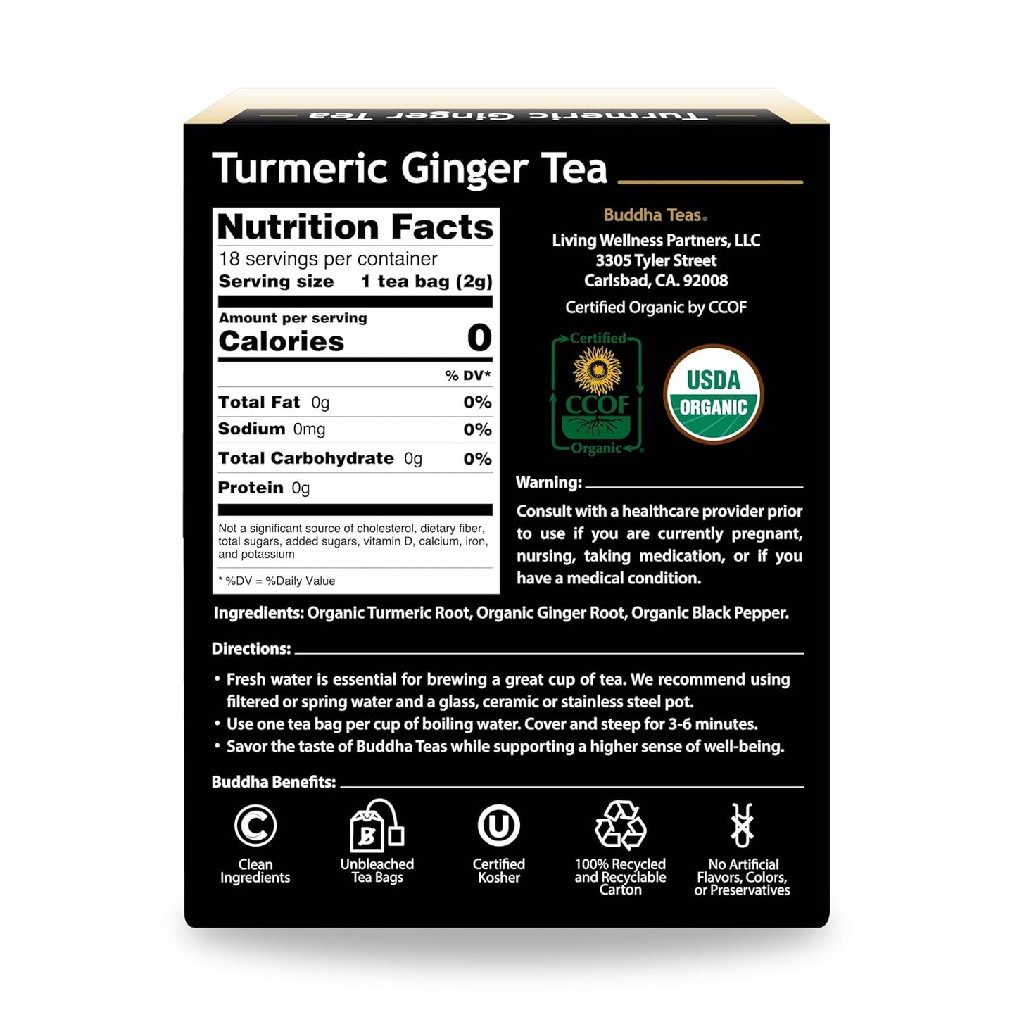 Buddha Teas Organic Turmeric Ginger Tea - OU Kosher, USDA Organic, CCOF Organic, 18 Bleach-Free Tea Bags