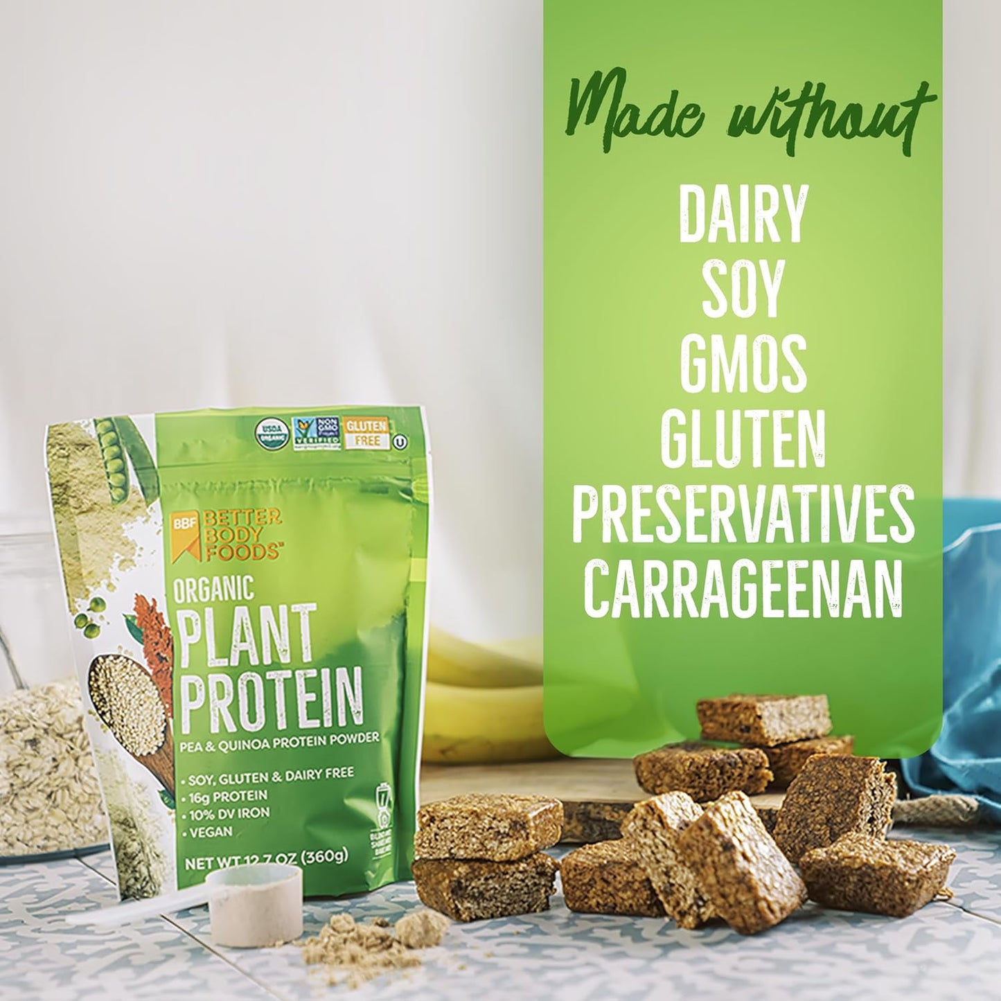 BetterBody Foods Organic Plant Based Protein Powder, 16g of Protein 24% DV, Vegan, Low Net Carbs, Gluten Free, Dairy Free, No Sugar Added, Soy Free, Non-GMO, 12.7 Ounces