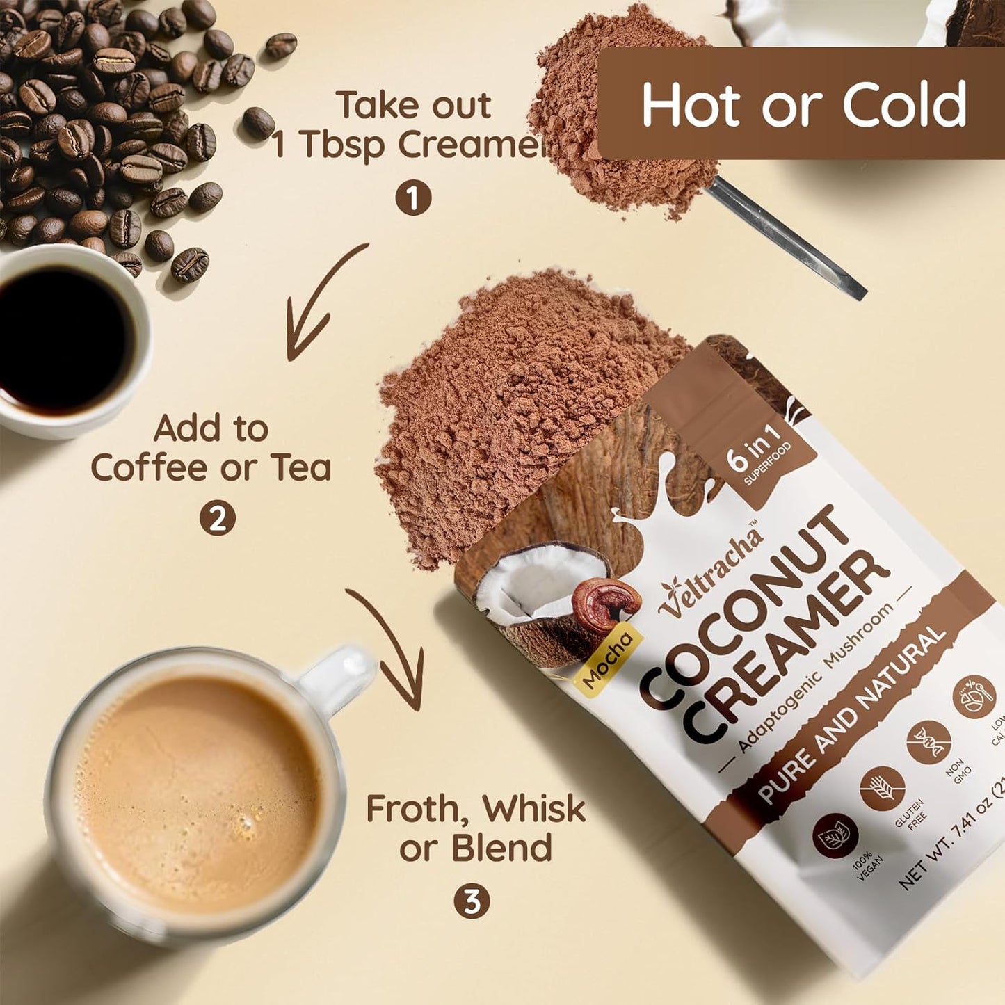 Veltracha Mushroom Coconut Coffee Creamer, Coffee Mate Creamer Powder with Pure Coconut Extract and 6 Adaptogenic Mushroom, Superfood Creamer Vegan & Unsweetened, 7.41oz (30 Servings), Mocha