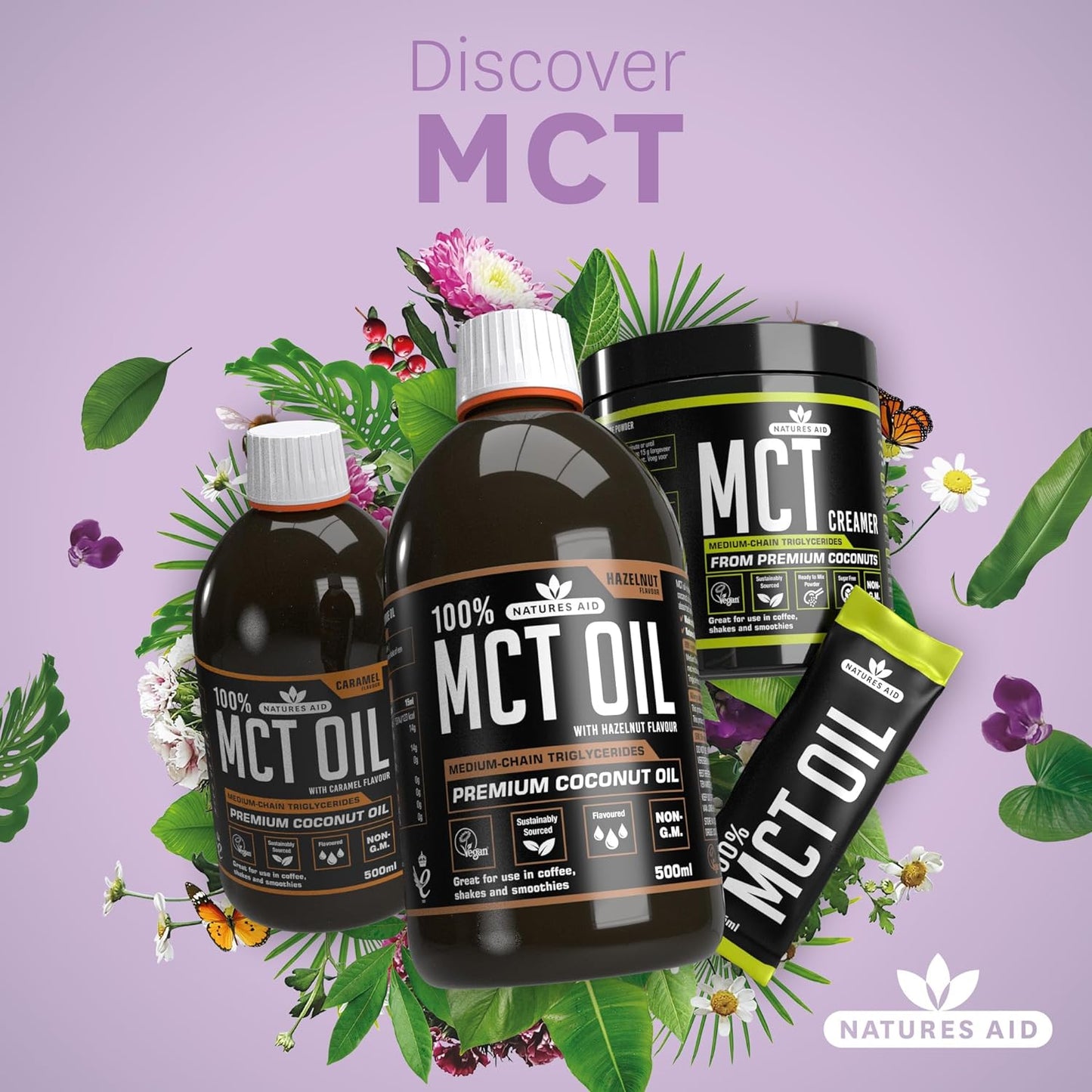 زيت MCT بنسبة 100% من Natures Aid، زيت جوز الهند الفاخر، من مصدر مستدام، يُضاف إلى القهوة أو المخفوقات، نباتي، 500 مل