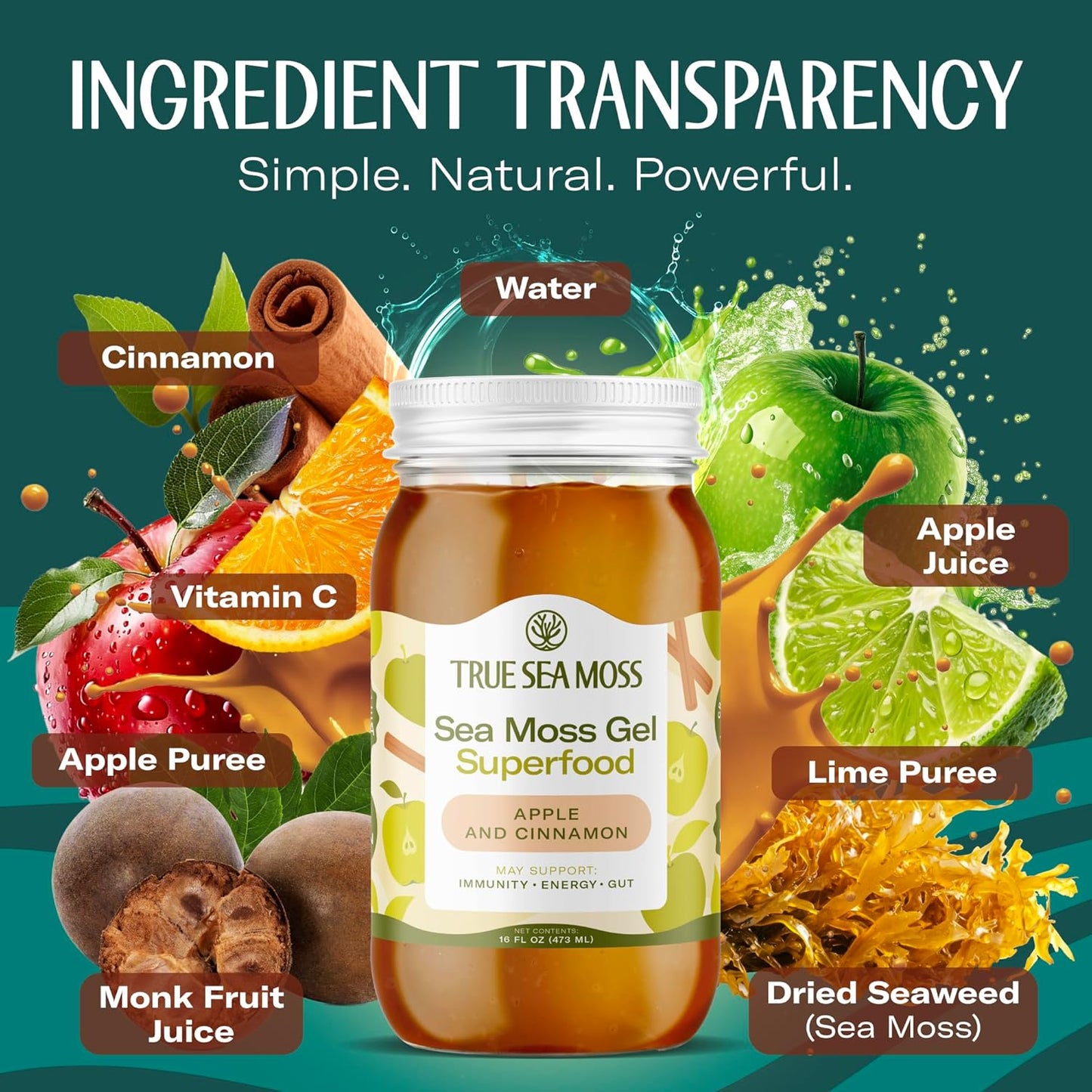 TrueSeaMoss Sea Moss Gel – Made in USA – Wildcrafted Seamoss, Fresh Fruits & Sea Vegetables – Apple/Cinnamon, Pack of 1 (Labels may Vary)