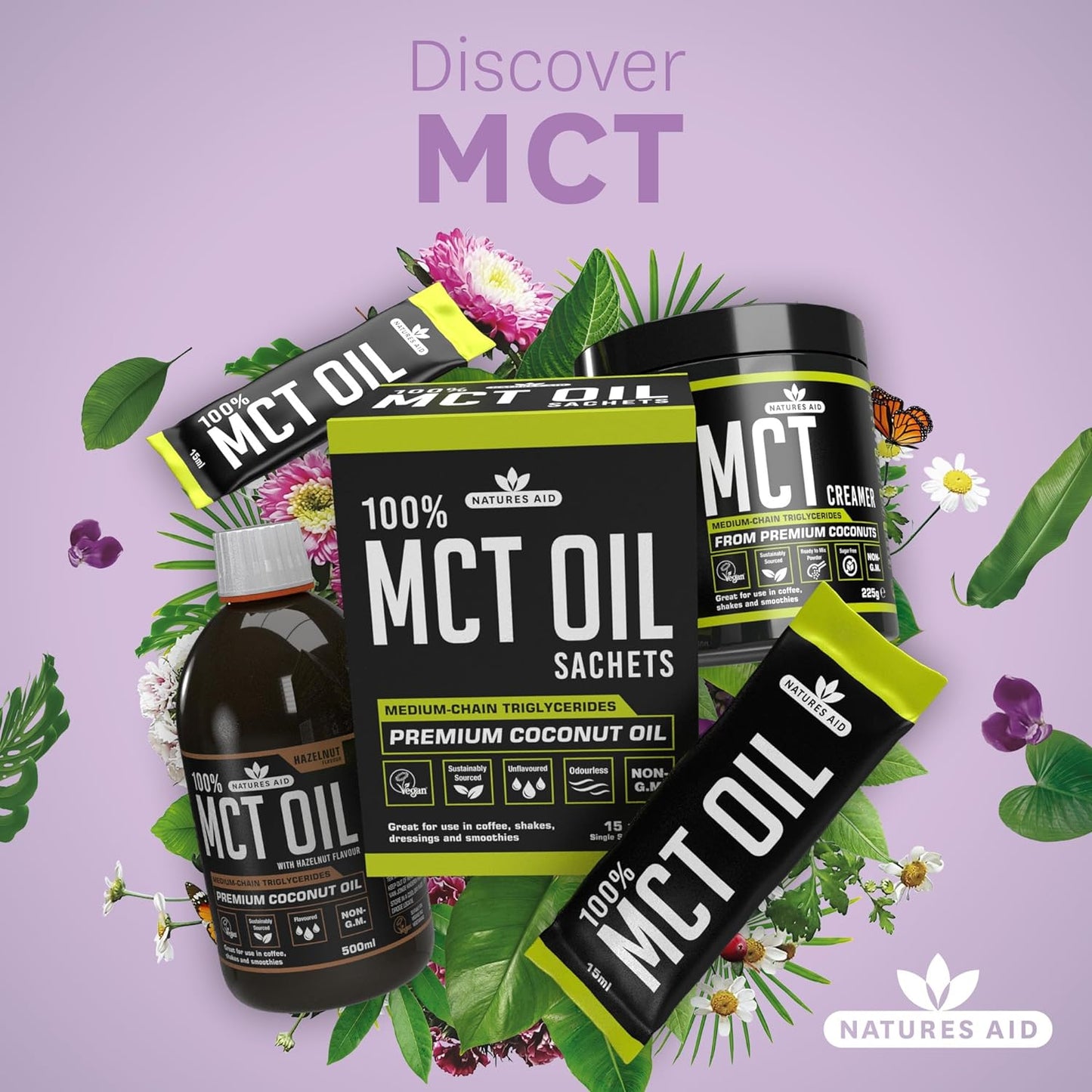 زيت MCT بنسبة 100% من Natures Aid، زيت جوز الهند الفاخر، من مصدر مستدام، يُضاف إلى القهوة أو المخفوقات، نباتي، 500 مل