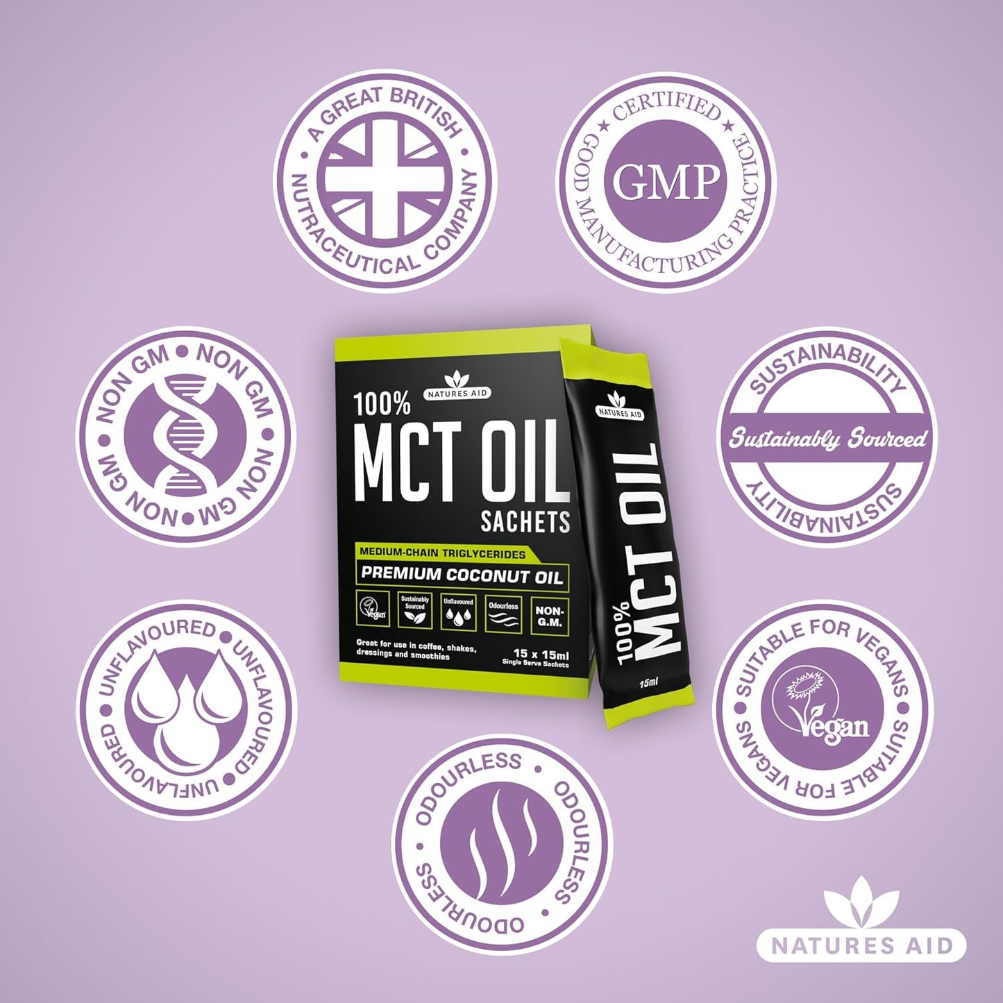 زيت MCT بنسبة 100% من Natures Aid، زيت جوز الهند الفاخر، من مصدر مستدام، يُضاف إلى القهوة أو المخفوقات، نباتي، 500 مل