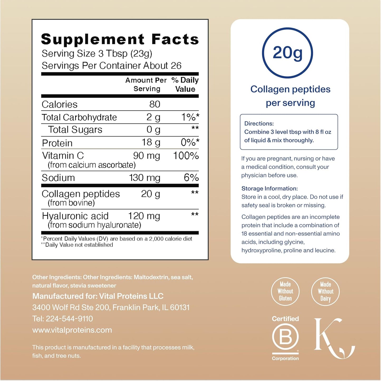 Vital Proteins Collagen Peptides Powder Advanced with Hyaluronic Acid & Vitamin C - 20oz Collagen Protein, Unflavored, 27 Servings