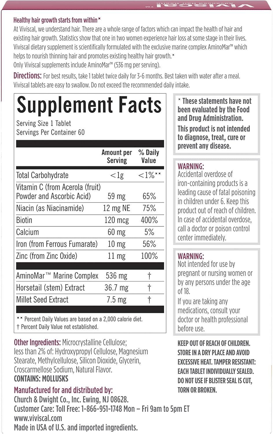 Viviscal Hair Growth Supplements For Women For Thicker, Fuller Hair, Nourishes Thinning & Loss, With Proprietary Collagen Complex, 180 Tablets, 3 Month Supply