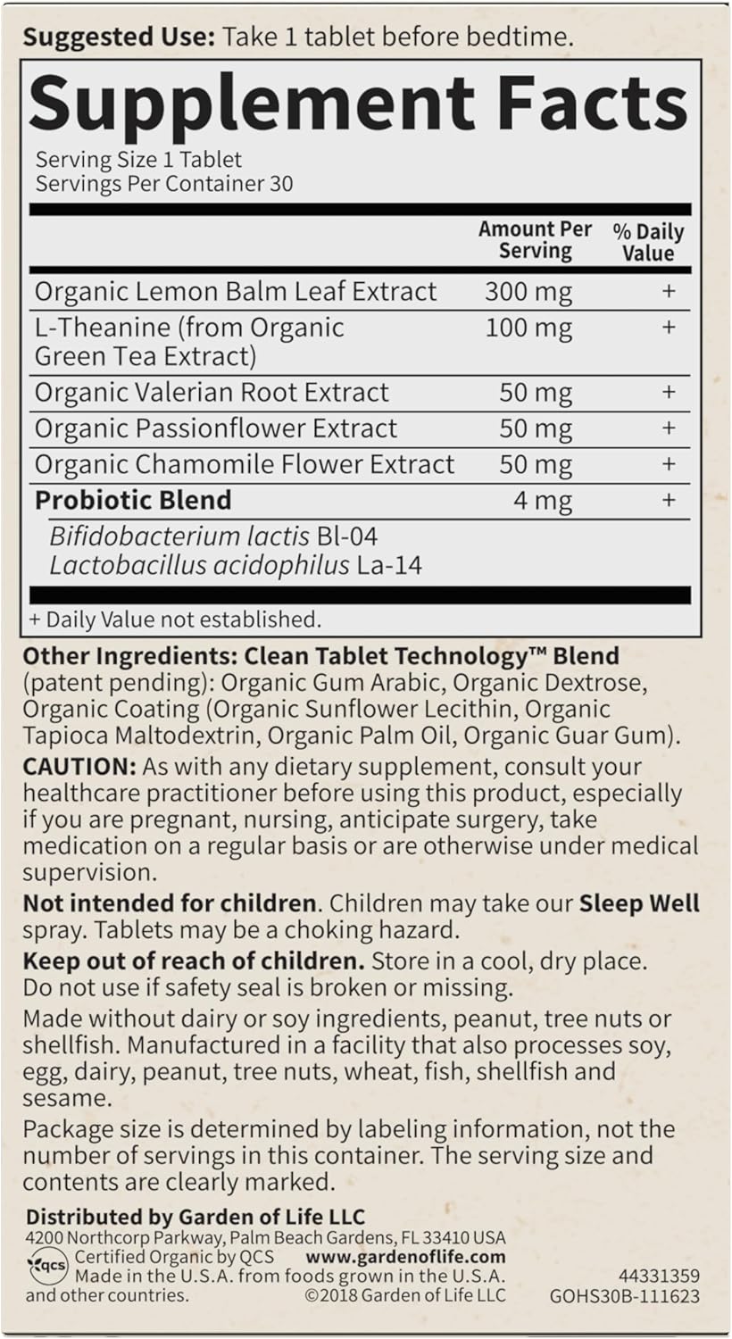 Garden of Life Organics Sleep Well Rest & Refresh 30 Tablets, Lemon Balm, Green Tea Extract L-Theanine, Valerian Root, Chamomile, Probiotics-Organic Non-GMO Vegan Gluten Free Herbal Supplement