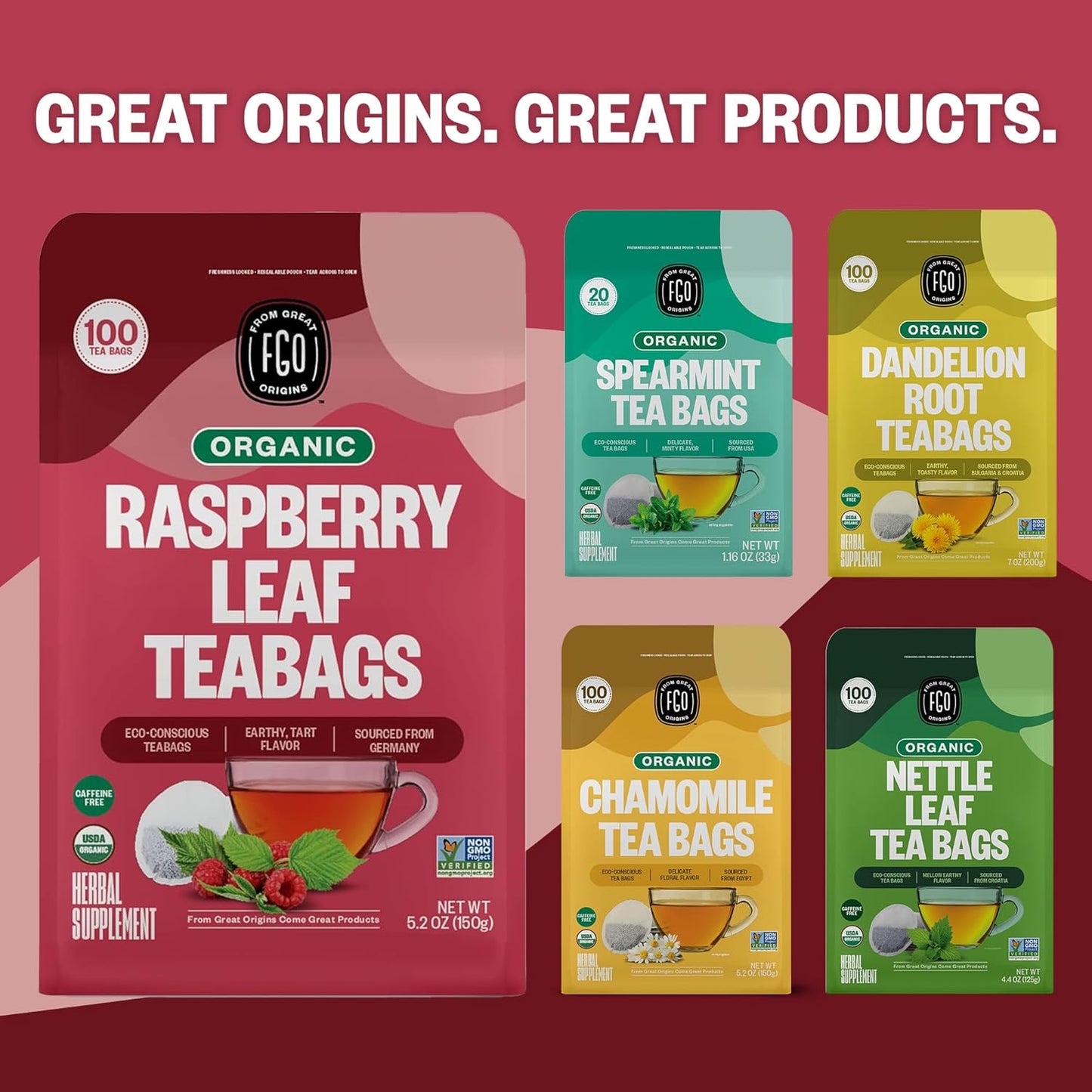 FGO Organic Nettle Leaf Tea, 100 Count, Eco-Conscious Tea Bags, Caffeine Free, Resealable Bag, Packaging May Vary (Pack of 1)