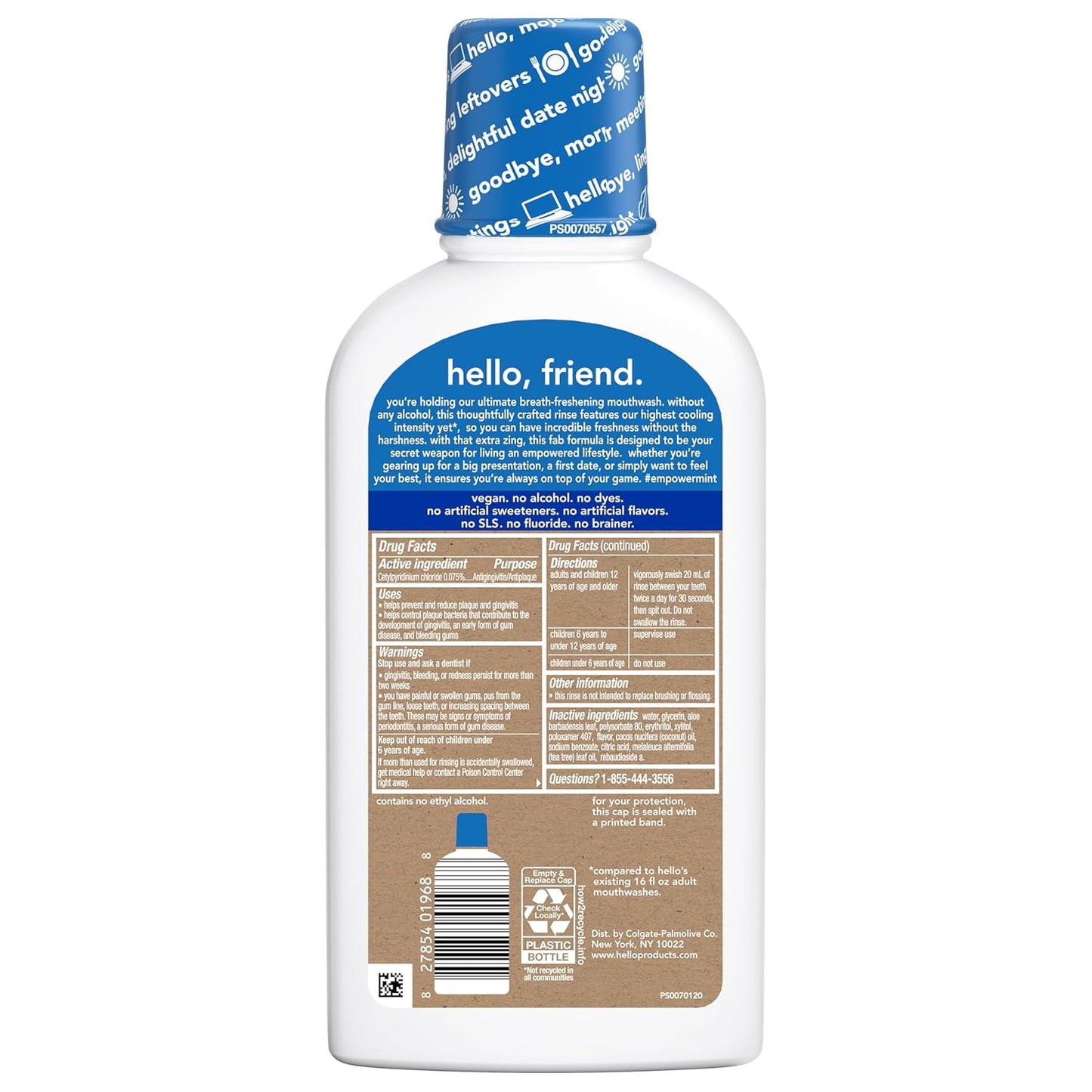 Hello Peace Out Plaque, Antigingivitis Alcohol Free Mouthwash, Natural Mint with Aloe Vera and Coconut Oil, Fluoride Free, Vegan, SLS Free and Gluten Free, 16 Ounce (Pack of 3)