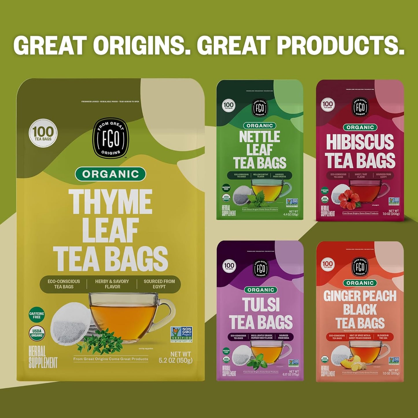 FGO Organic Nettle Leaf Tea, 100 Count, Eco-Conscious Tea Bags, Caffeine Free, Resealable Bag, Packaging May Vary (Pack of 1)