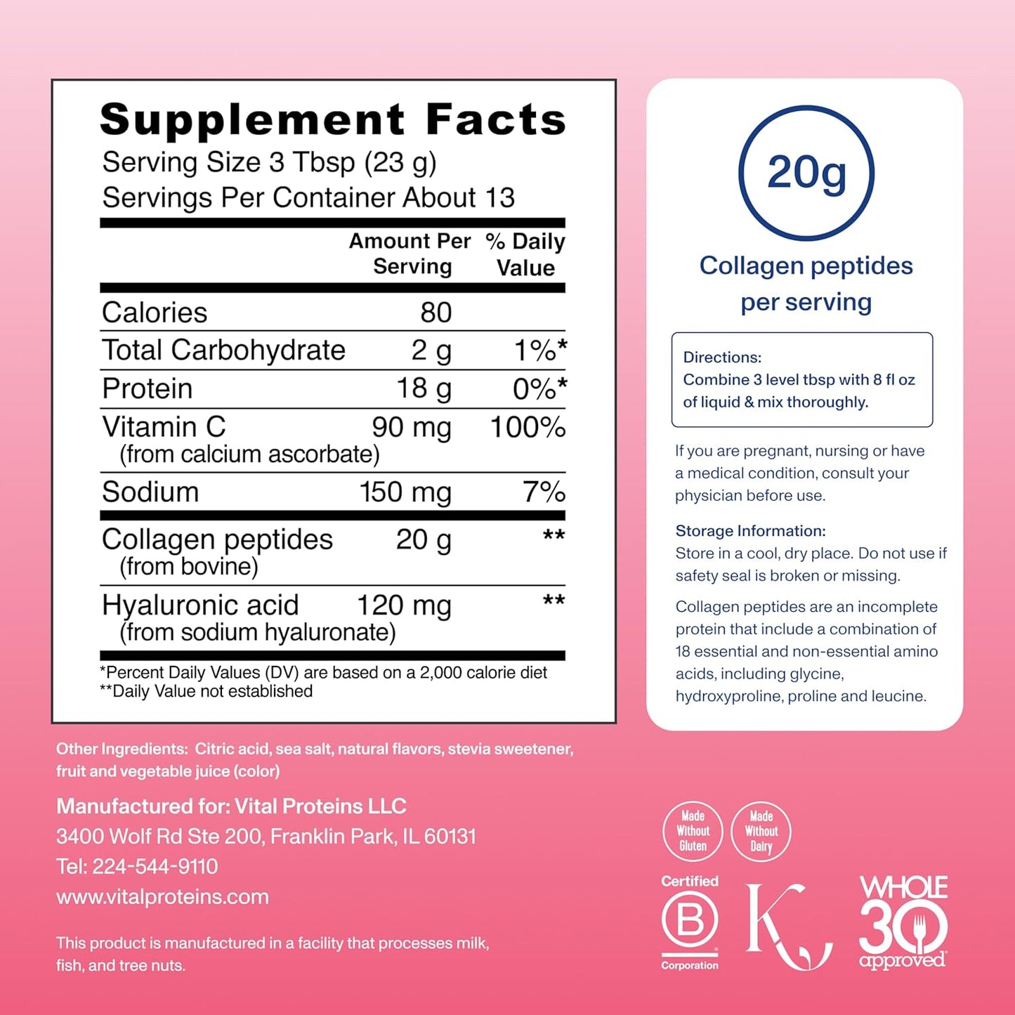 Vital Proteins Collagen Peptides Powder Advanced with Hyaluronic Acid & Vitamin C - 20oz Collagen Protein, Unflavored, 27 Servings