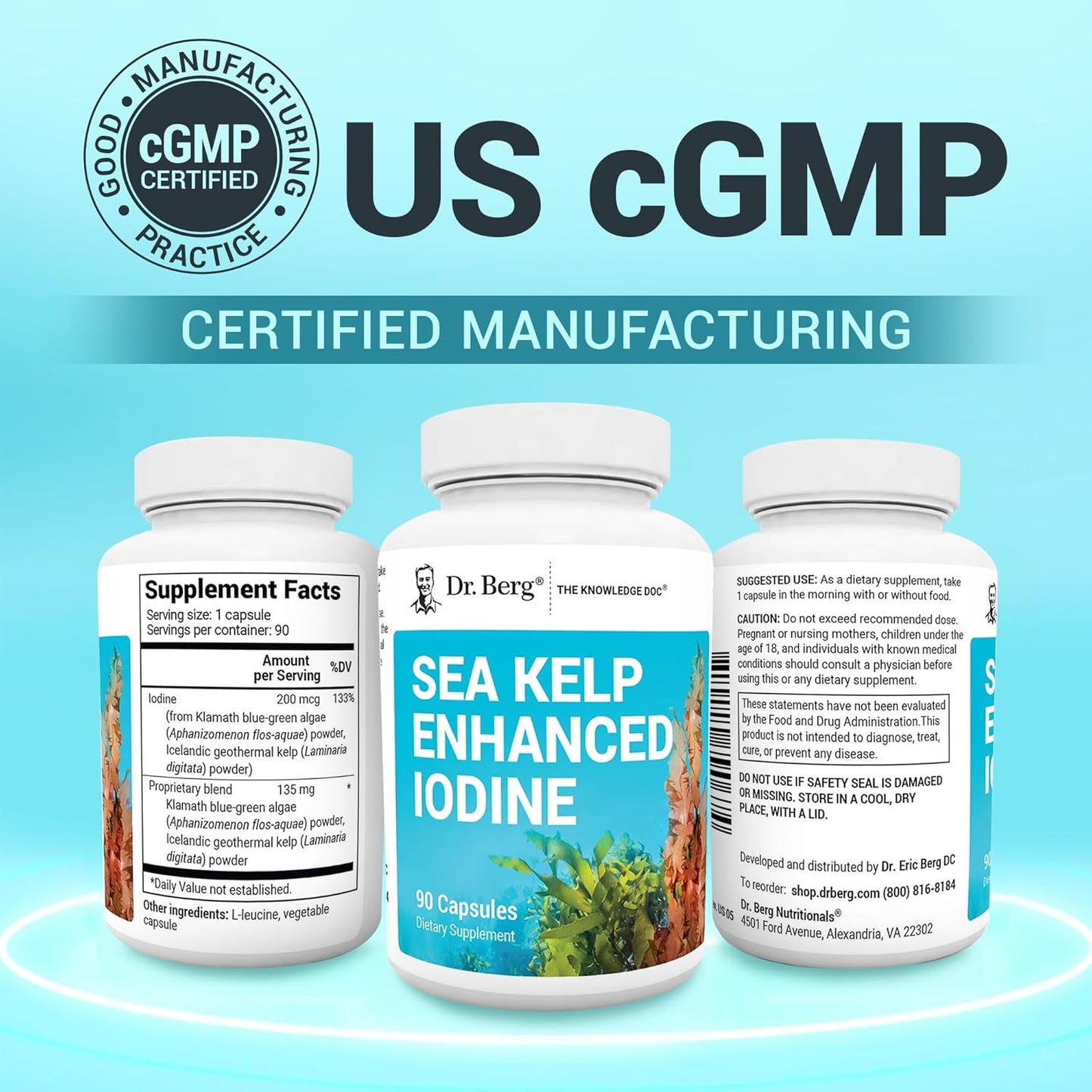 Dr. Berg Sea Kelp Enhanced Iodine - 200 mcg of Premium Iodine - Seaweed Blend Includes Klamath Blue-Green Algae & Sea Kelp - 90 Capsules