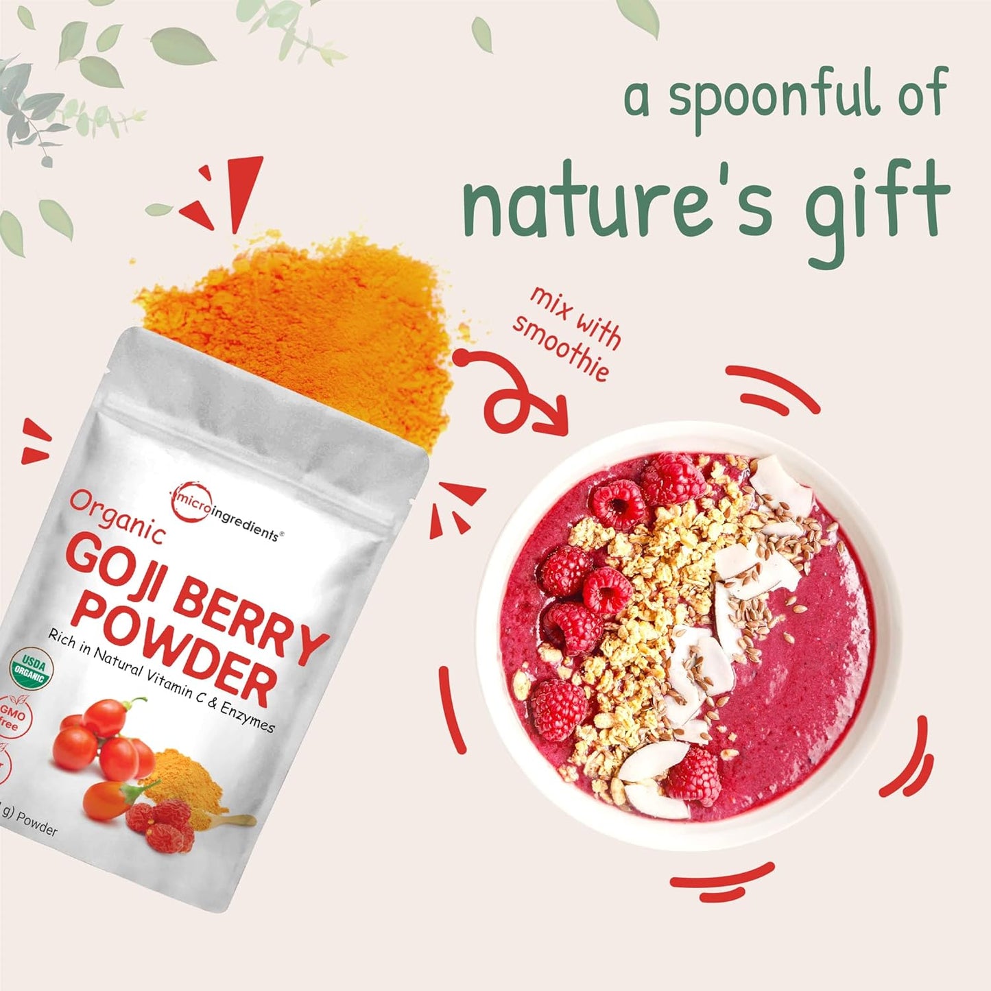Organic Acerola Powder, 8oz | Natural Organic Vitamin C Superfood | No Sugar & Additives | Great Flavor for Drinks, Smoothie, & Beverages | Non-GMO & Vegan Friendly, Brazil Origin