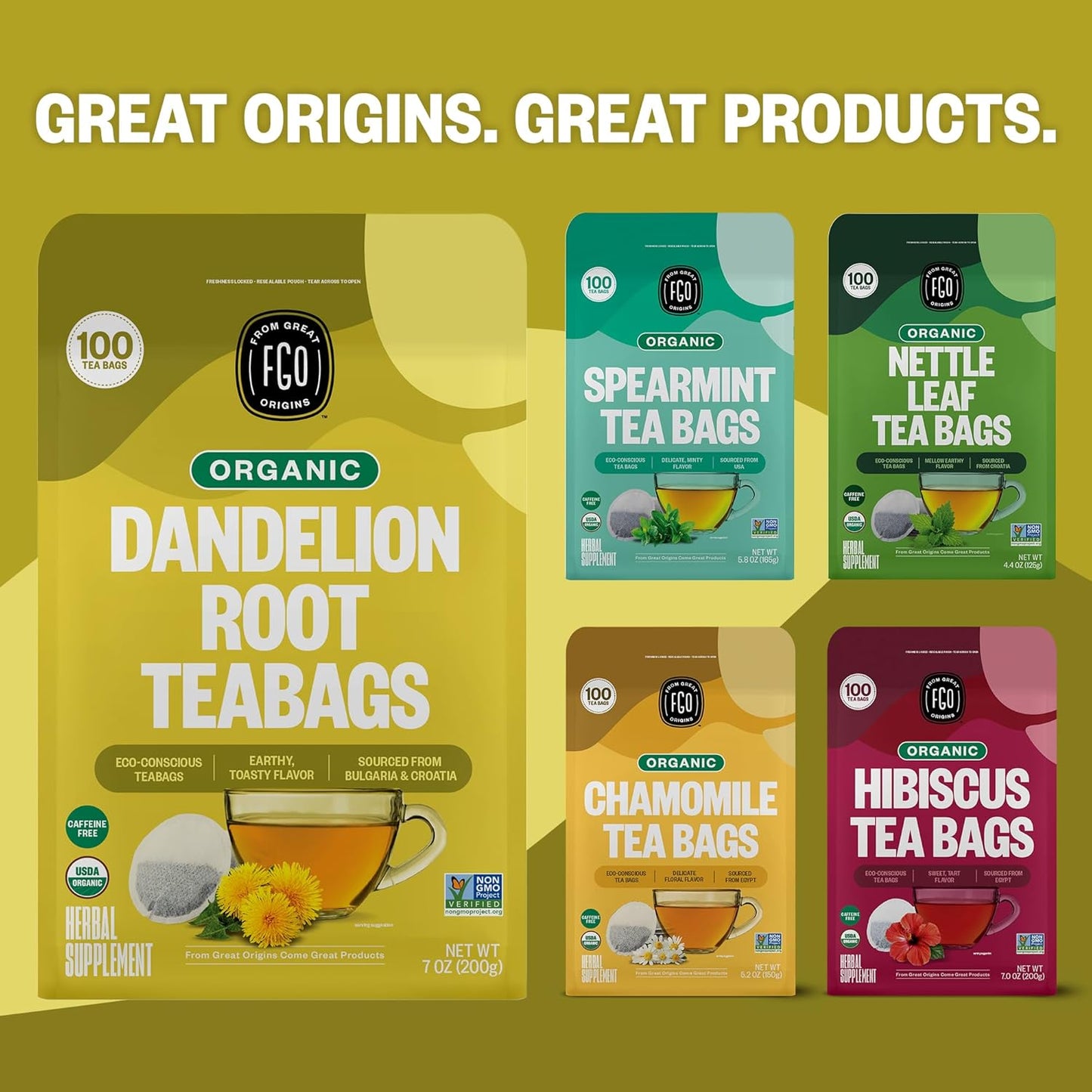FGO Organic Nettle Leaf Tea, 100 Count, Eco-Conscious Tea Bags, Caffeine Free, Resealable Bag, Packaging May Vary (Pack of 1)