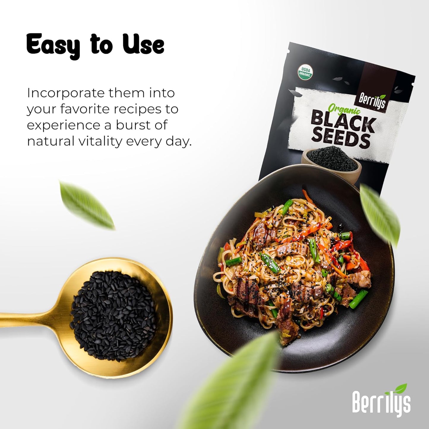 Berrilys Black Seeds - USDA Organic Nigella Sativa, Kalonji & Black Cumin Seeds, Vegan, Gluten-Free - Pure Spice & Health Food, Enhances Flavor of Dishes, Nutrient-Rich, Premium Quality - 10oz