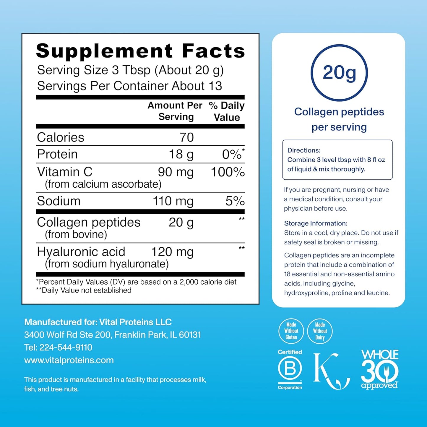 Vital Proteins Collagen Peptides Powder Advanced with Hyaluronic Acid & Vitamin C - 20oz Collagen Protein, Unflavored, 27 Servings