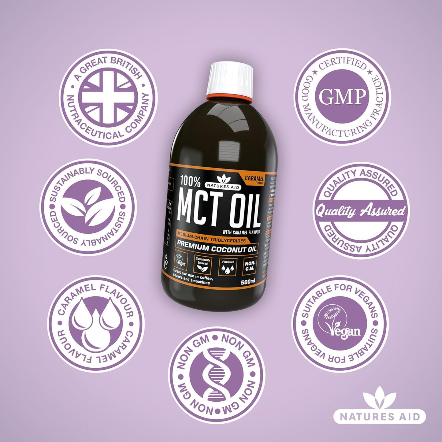 زيت MCT بنسبة 100% من Natures Aid، زيت جوز الهند الفاخر، من مصدر مستدام، يُضاف إلى القهوة أو المخفوقات، نباتي، 500 مل