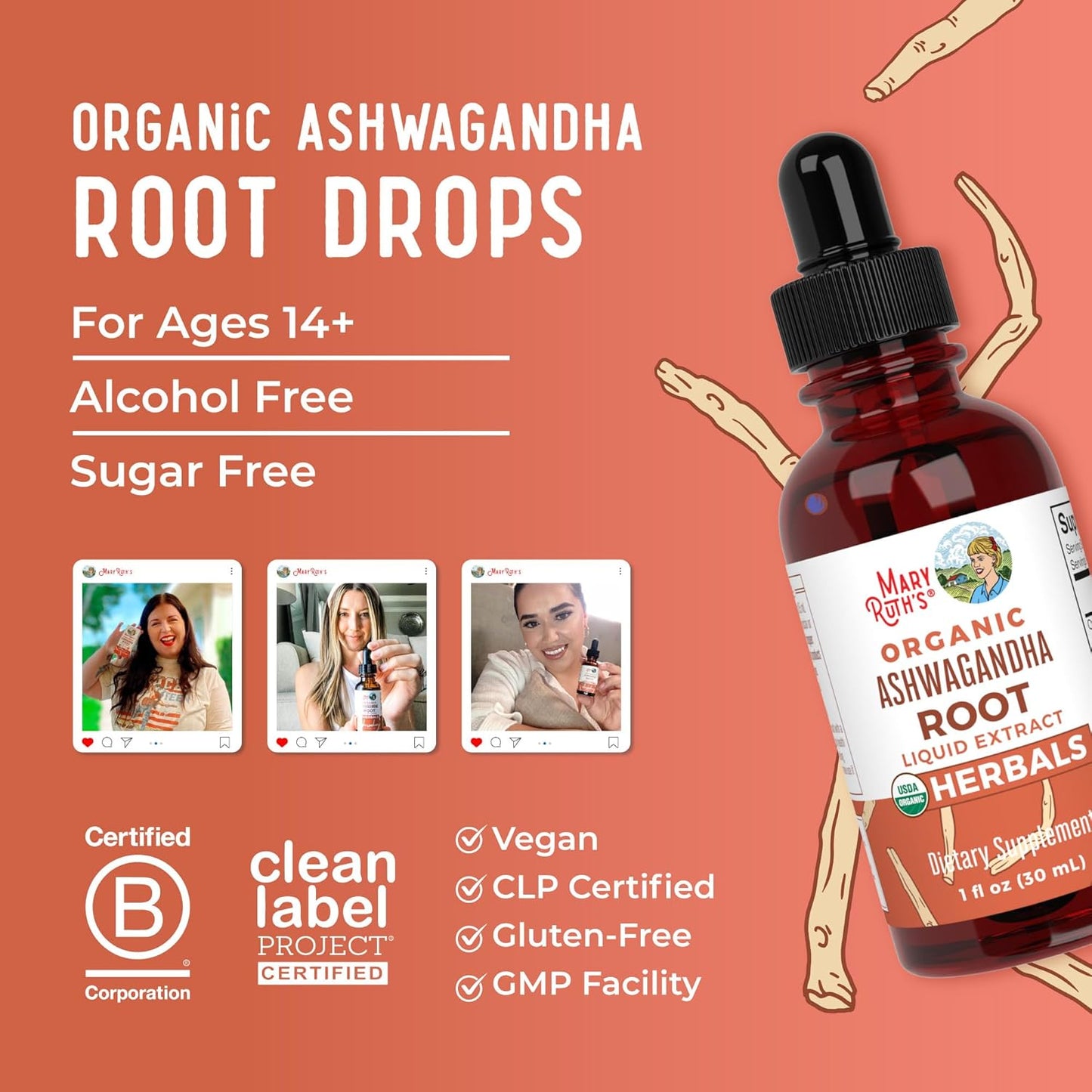 USDA Organic Ashwagandha Root Liquid Drops by MaryRuth's | Adaptogenic, Nervine, Neuroprotective | May Help Alleviate Stress & Regulate Homeostasis | Non-GMO, Vegan, 1oz