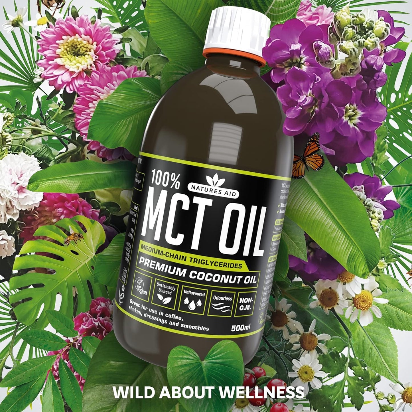 زيت MCT بنسبة 100% من Natures Aid، زيت جوز الهند الفاخر، من مصدر مستدام، يُضاف إلى القهوة أو المخفوقات، نباتي، 500 مل