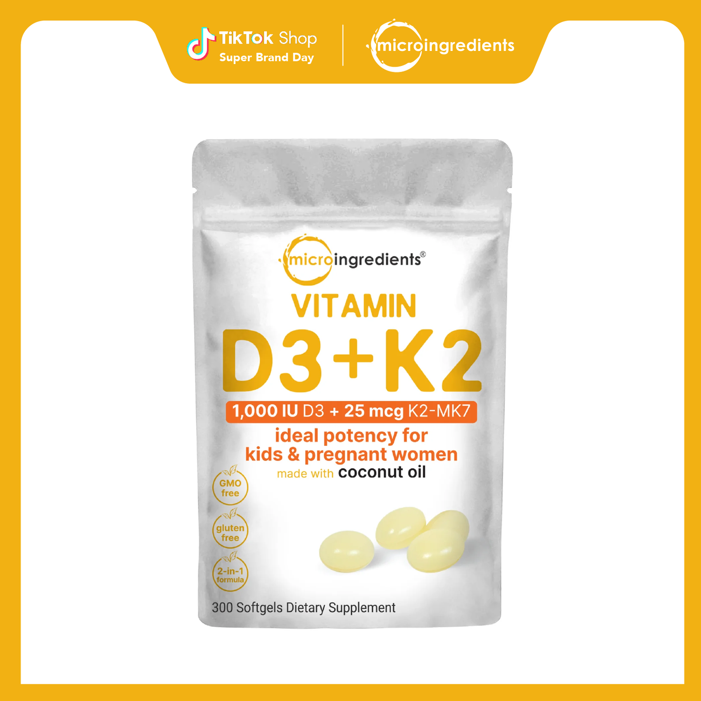 Micro Ingredients Vitamin D3 K2 5000IU /2000IU / 1000IU, Infused with Virgin Coconut Oil, 300 Softgels
