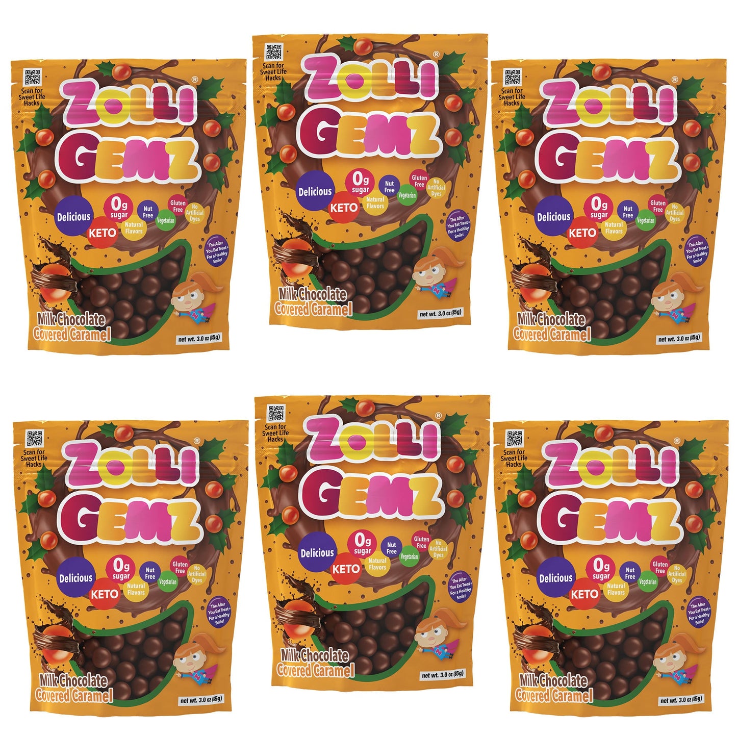 Zolli Sugar Free Milk Chocolate Caramel Gemz Bundle 3oz. Bags