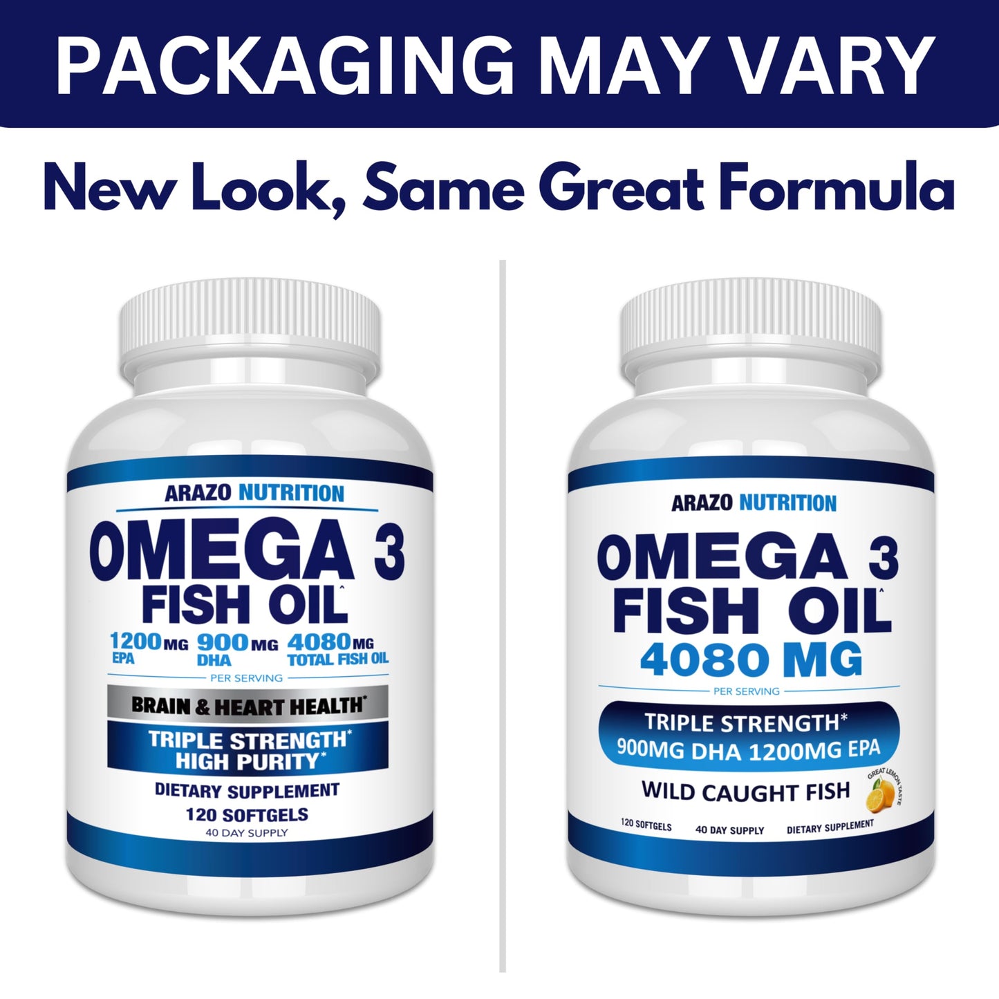 Arazo Nutrition Wild Caught Omega-3 Fish Oil Concentrate – 4,080mg per Serving | High EPA 1,200mg & DHA 900mg | 120 Burpless Lemon Softgels
