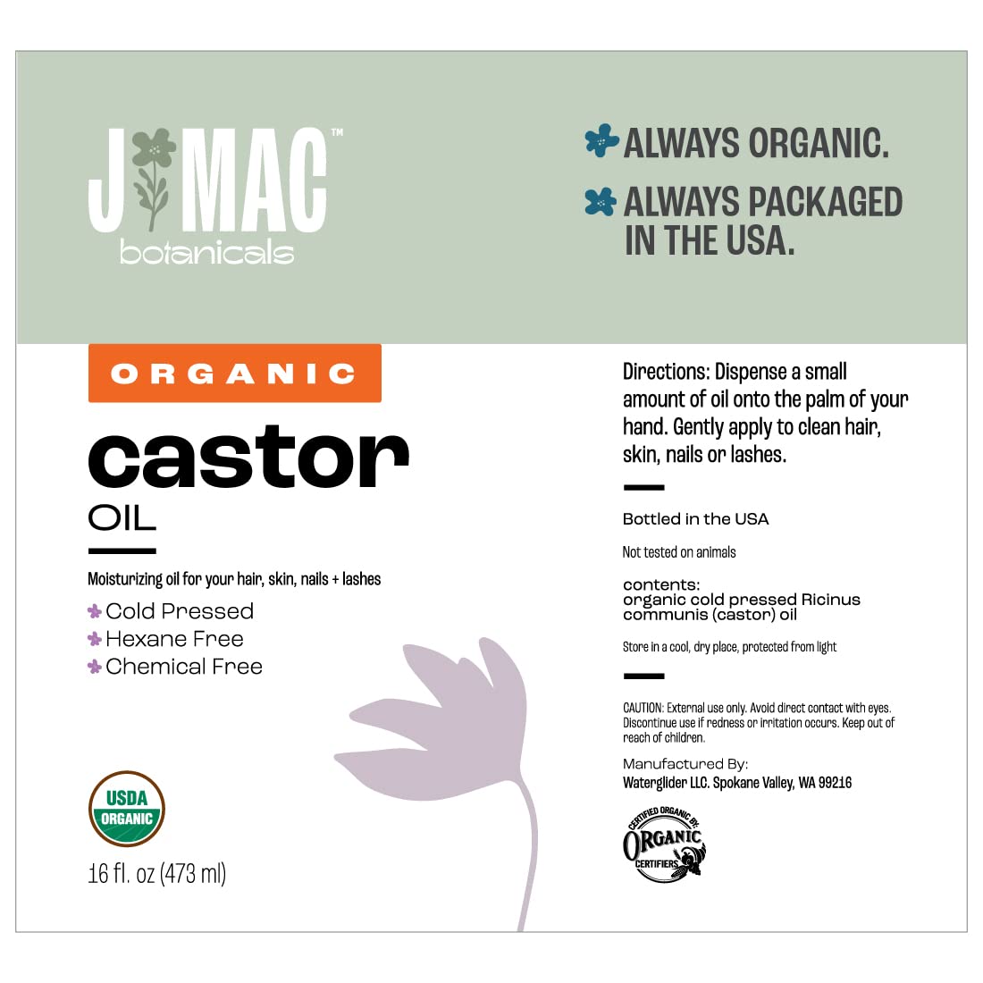 J Mac Botanicals Organic Castor Oil – Cold Pressed, Hexane Free, 16 oz for Face, Skin, Eyelashes