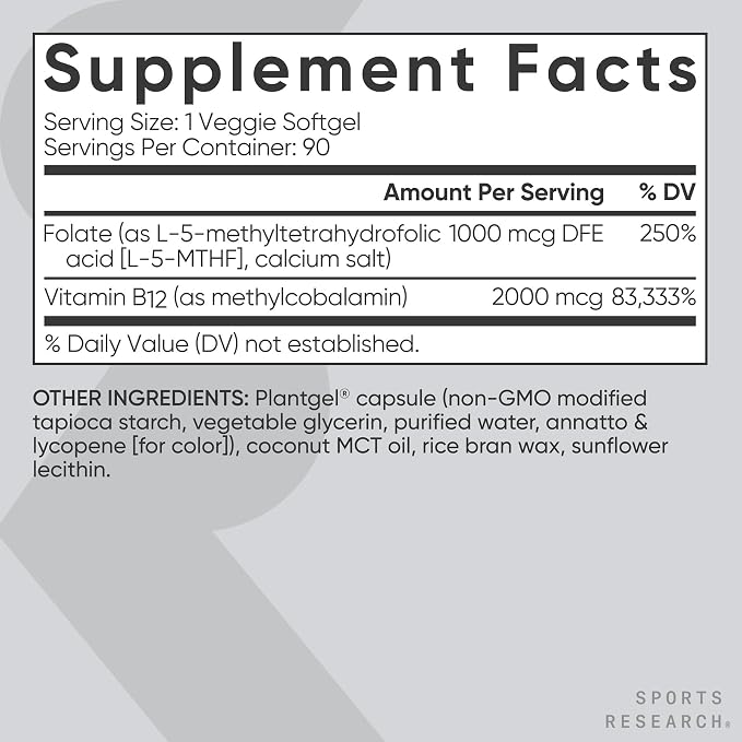 Sports Research® 5-MTHF Methyl Folate w/Methylated B12, 90 Count Plantgels