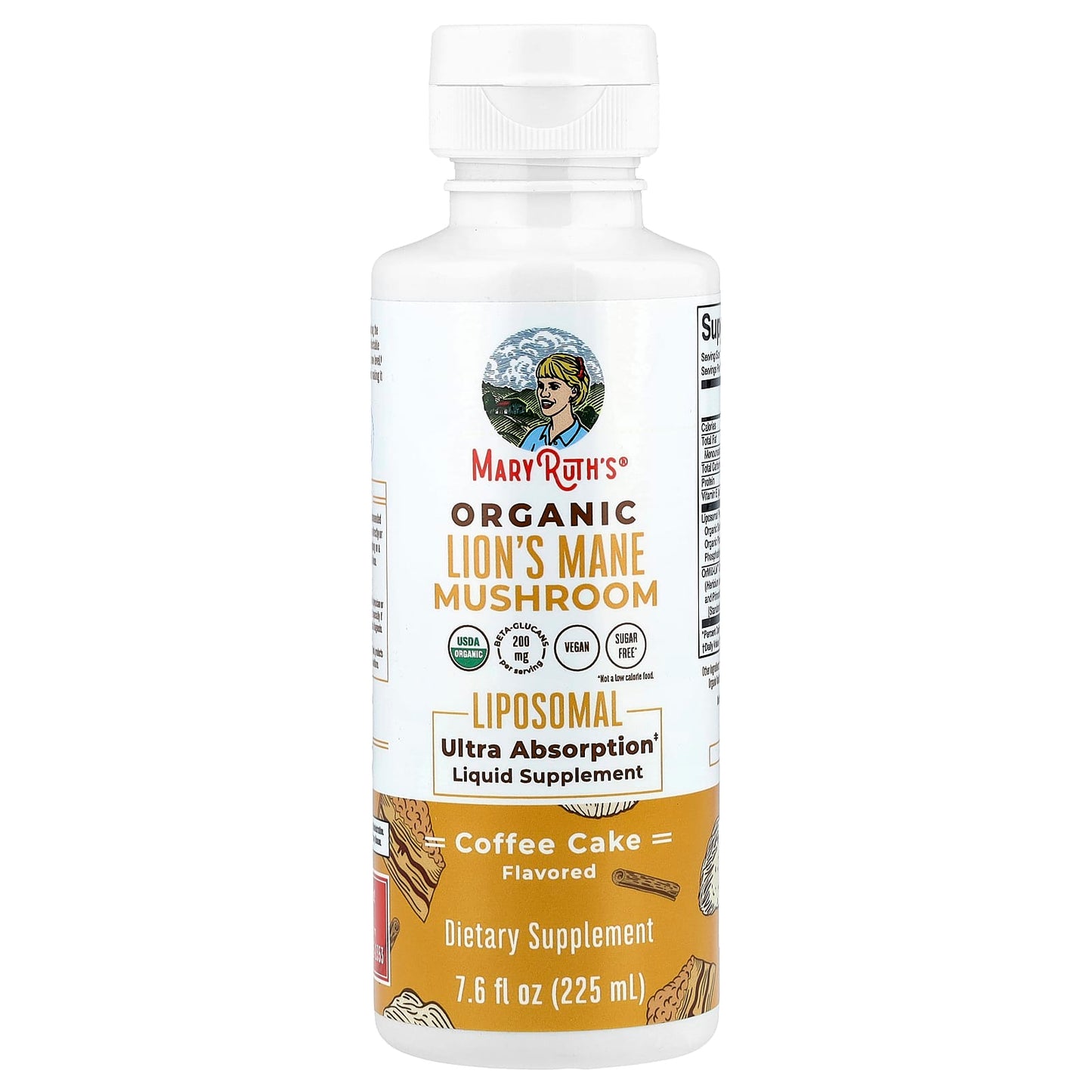 MaryRuth's Organic Lion's Mane Mushroom Liposomal Liquid Supplement - Coffee Cake Flavor-225ml