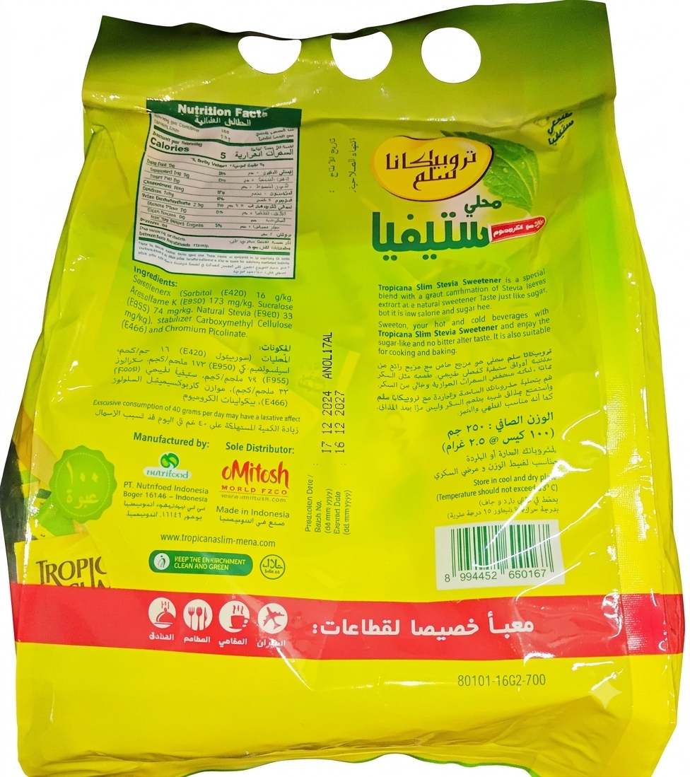 Tropicana Slim Stevia Sweetener with Chromium (100 Sachets - 250g)
