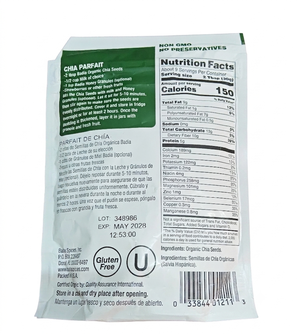 Badia Organic Whole Chia Seeds 9 oz pack of 1