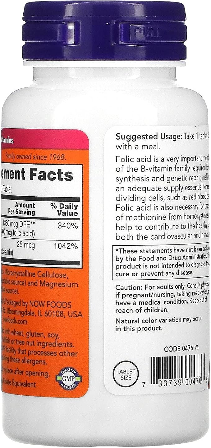 Now Foods Folic Acid 800 mcg with Vitamin B-12 | Red Blood Cell Formation & DNA Synthesis & Healthy Homocysteine & Cardiovascular & Nervous System Support | 250 Tablets