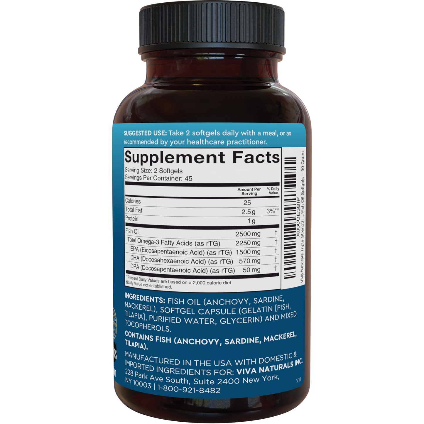 Viva Naturals Triple Strength Omega-3 Fish Oil – 2,500 mg per Serving, RTG Absorption, IFOS Certified, 90 Softgels