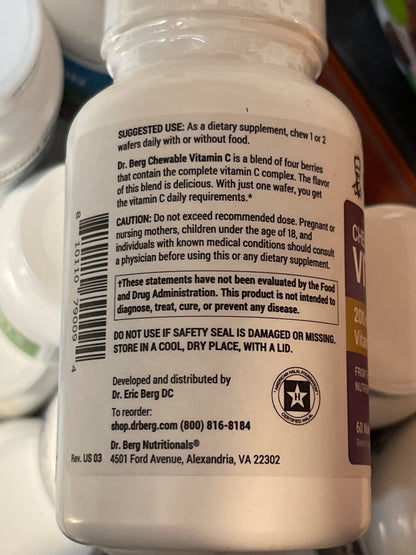 Dr. Berg Chewable Vitamin C Complex - Made with Organic, Non-GMO Berries - 60 Delicious Wafers