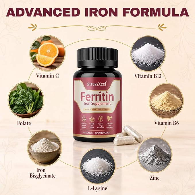 Ferritin Support Supplement for Women, Gentle Iron with Ferrous Glycinate, Vitamin C, Folate & B12, Supports Healthy Iron Storage, Energy Levels &...