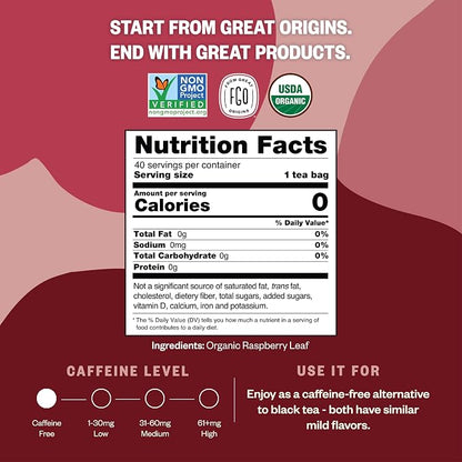 FGO Organic Red Raspberry Leaf Herbal Tea, 40 Count, Eco-Conscious Tea Bags, Caffeine Free (Pack of 1)