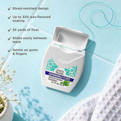 GuruNanda Expanding Dental Floss Peppermint Flavor, 55 Yards