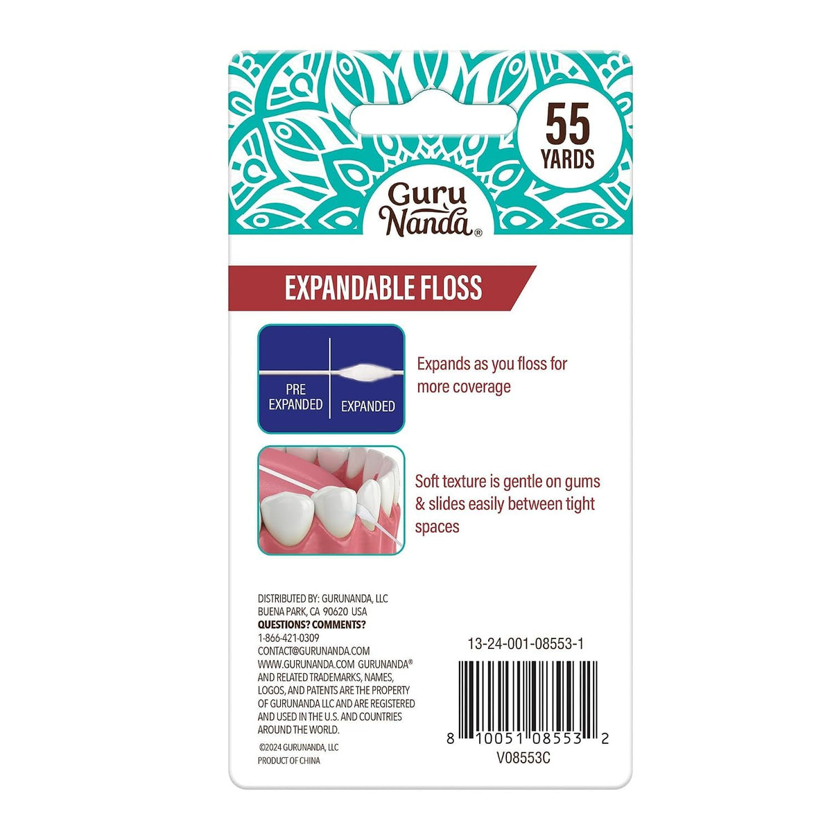 GuruNanda Expanding Dental Floss Cinnamon Flavor, 55 Yards