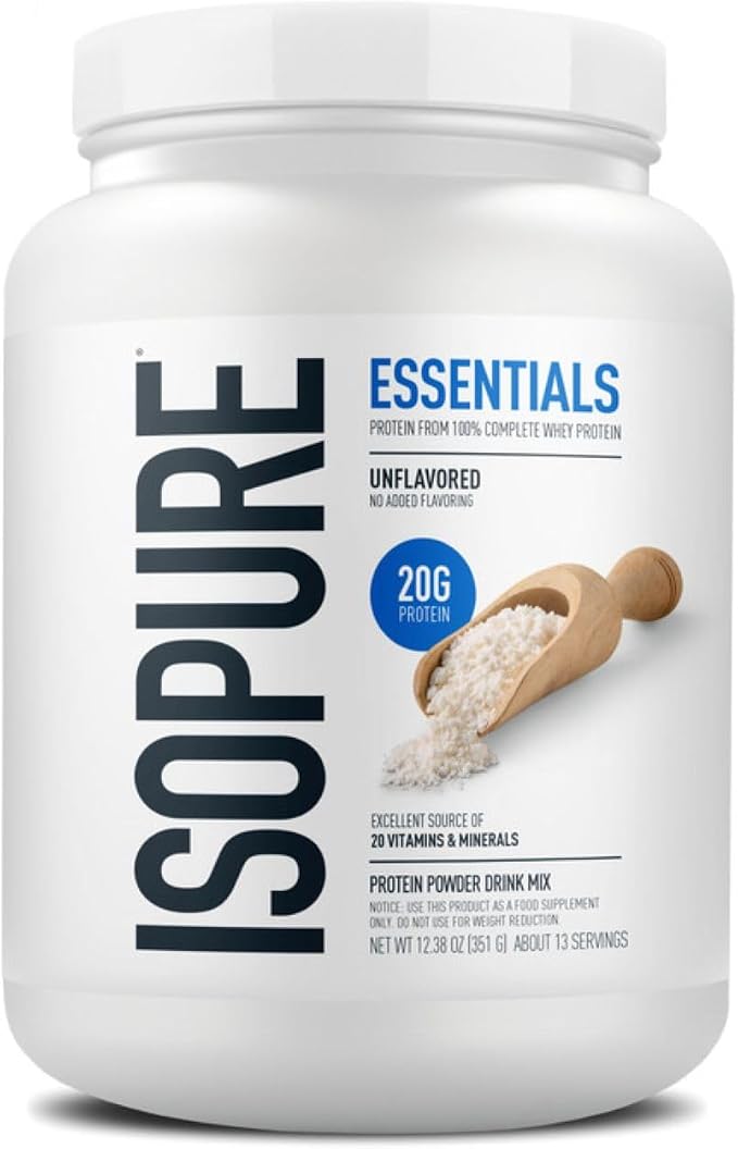 Isopure Essentials Whey Protein Powder | 20g Protein from Complete Whey Isolate & Concentrate Blend | Smooth Mixing, Gluten Free, Low Carb, Low Sugar Drink Mix | 13 Servings (Unflavored)