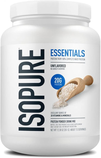 Isopure Essentials Whey Protein Powder | 20g Protein from Complete Whey Isolate & Concentrate Blend | Smooth Mixing, Gluten Free, Low Carb, Low Sugar Drink Mix | 13 Servings (Unflavored)