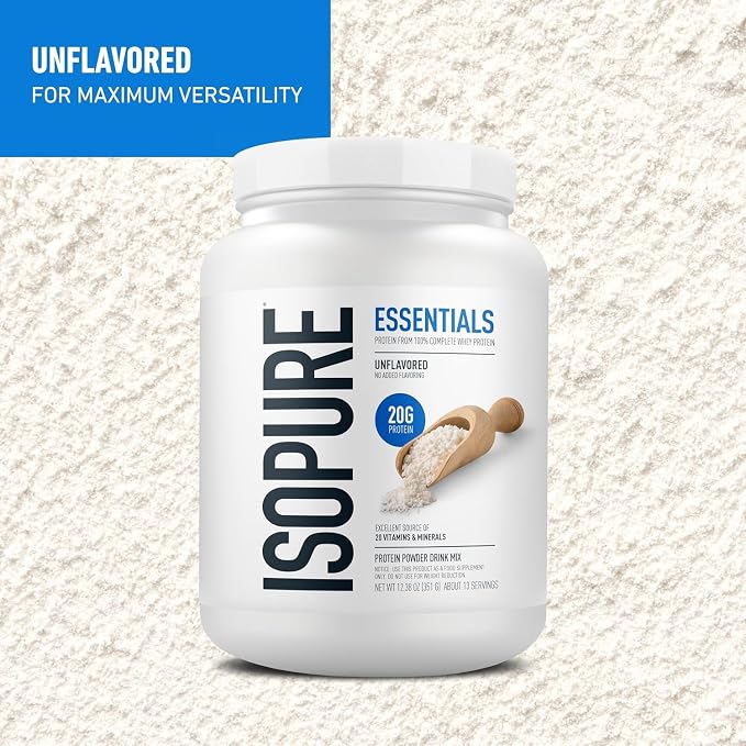 Isopure Essentials Whey Protein Powder | 20g Protein from Complete Whey Isolate & Concentrate Blend | Smooth Mixing, Gluten Free, Low Carb, Low Sugar Drink Mix | 13 Servings (Unflavored)