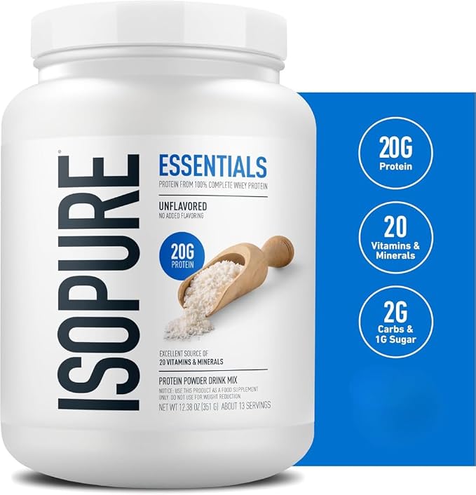Isopure Essentials Whey Protein Powder | 20g Protein from Complete Whey Isolate & Concentrate Blend | Smooth Mixing, Gluten Free, Low Carb, Low Sugar Drink Mix | 13 Servings (Unflavored)