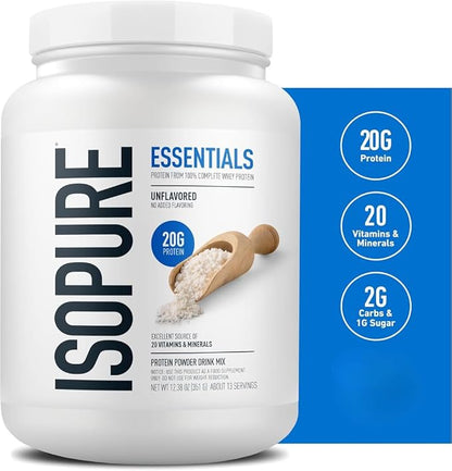 Isopure Essentials Whey Protein Powder | 20g Protein from Complete Whey Isolate & Concentrate Blend | Smooth Mixing, Gluten Free, Low Carb, Low Sugar Drink Mix | 13 Servings (Unflavored)