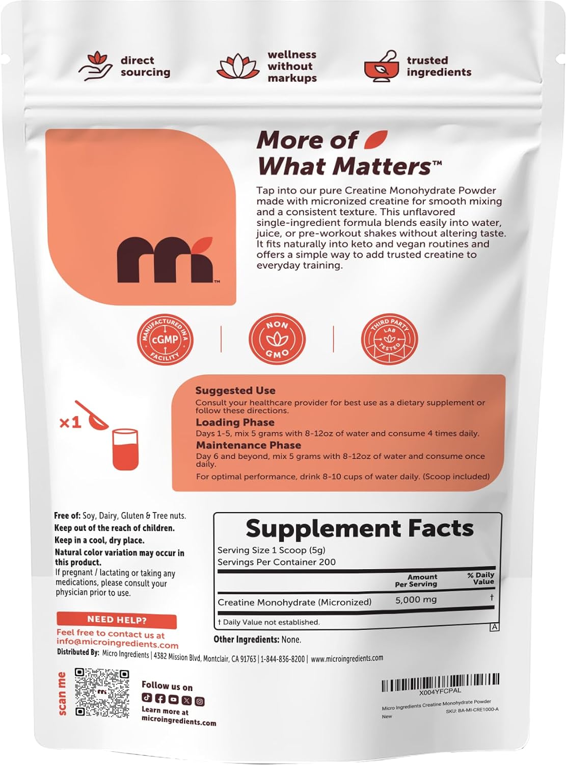 Creatine Monohydrate Powder 1 kg (2.2 Lbs), 5000mg Per Serv, Micronized Creatine Powder, Unflavored, Pure, No Filler, Keto & Vegan Friendly, Easy Dissolve Pre Workout Creatine for Women and Men