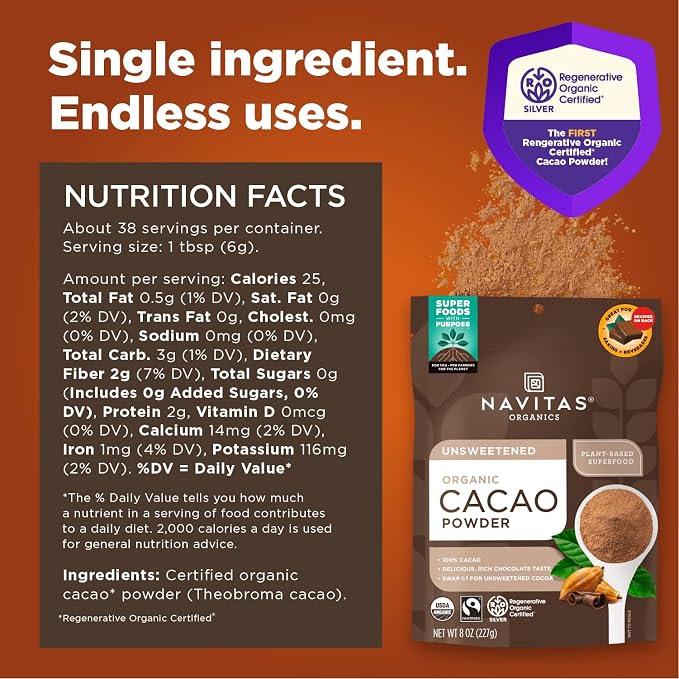 Navitas Organics Cacao Powder, Regenerative Organic Certified, Non-GMO, Fair Trade, Gluten-Free, 8oz. Bag, 15 Servings