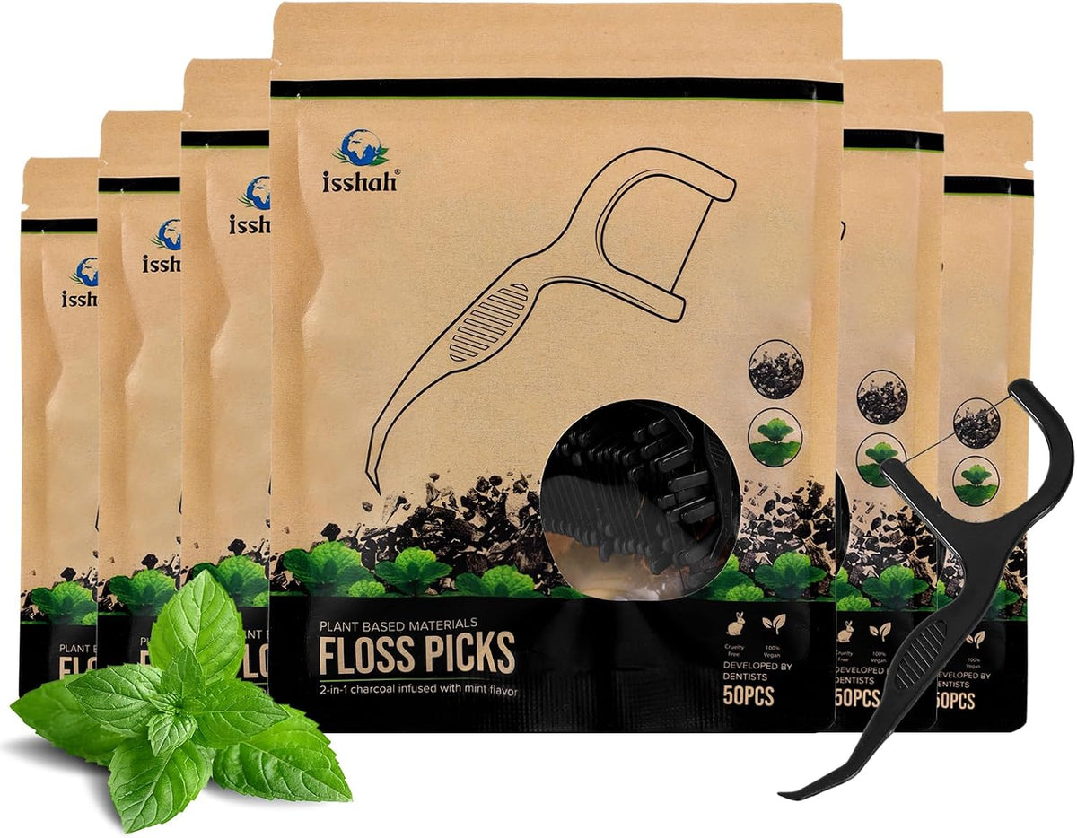 isshah Plant-Based Dental Floss Picks with Charcoal &amp; Fresh Mint Flavor (300 Count)&nbsp;&nbsp;