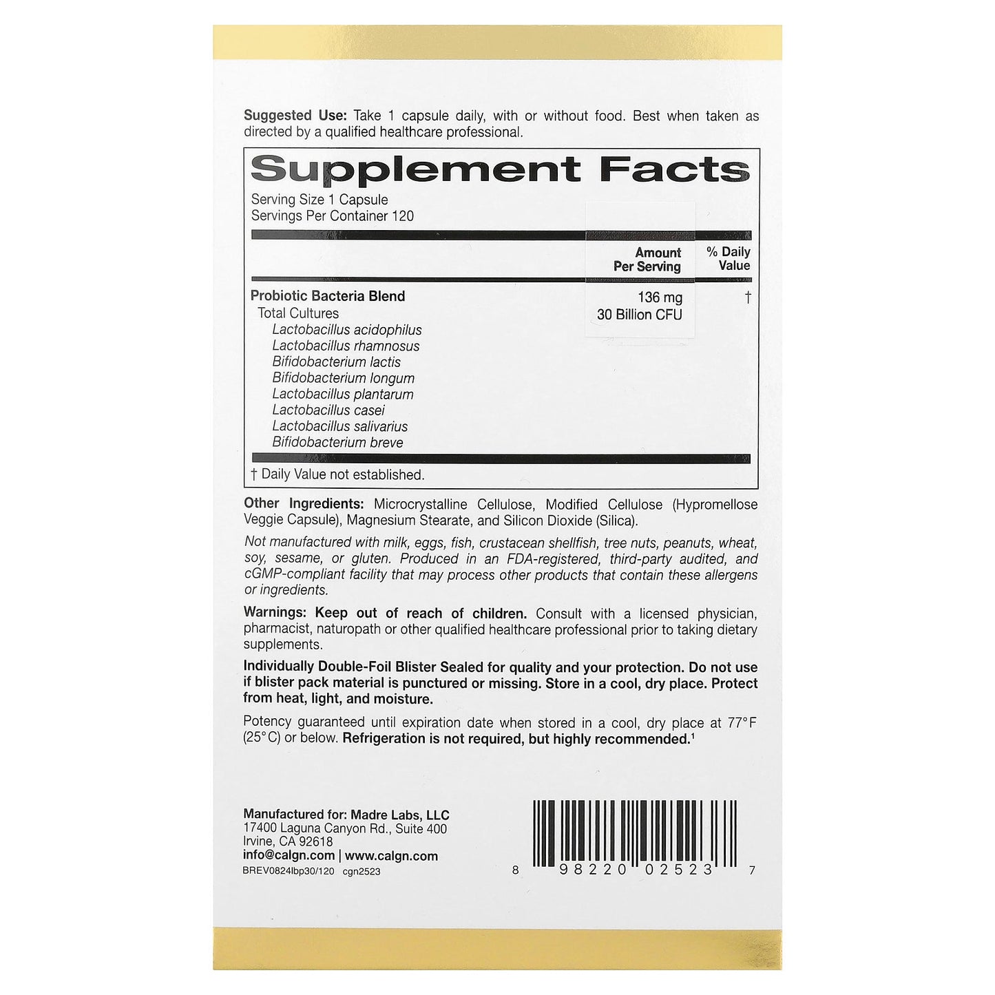 California Gold Nutrition, LactoBif® 30 Probiotics, 30 Billion CFU, 120 Veggie Capsules