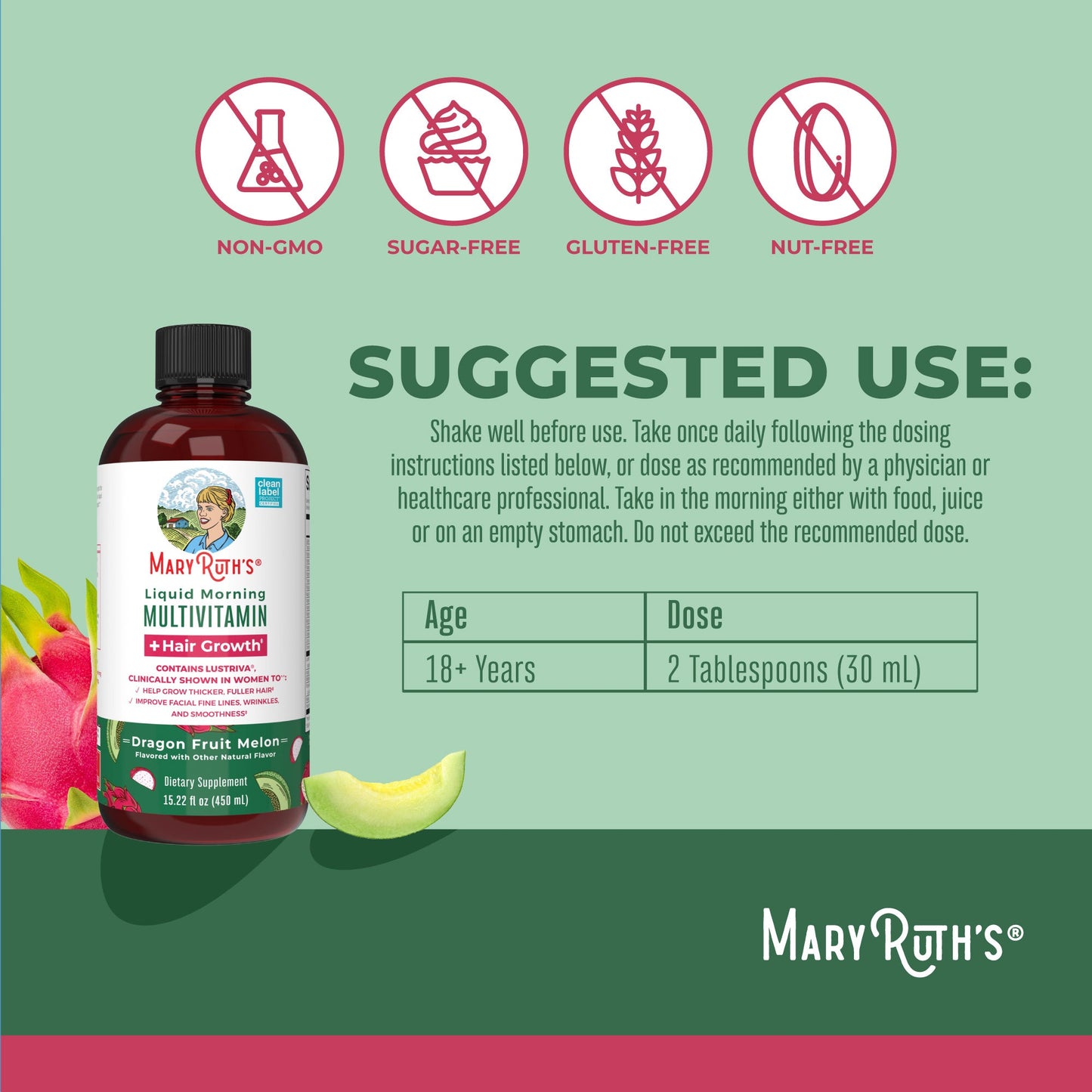 Liquid Morning Multivitamin + Hair Growth (Dragon Fruit Melon) 15.22oz