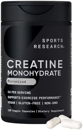 Sports Research® Creatine Monohydrate Capsules - May Support Workout Recovery, Lean Muscle gain, Performance and Strength* - Non-GMO, Vegan Certified - 5g per Servings - 30 Servings